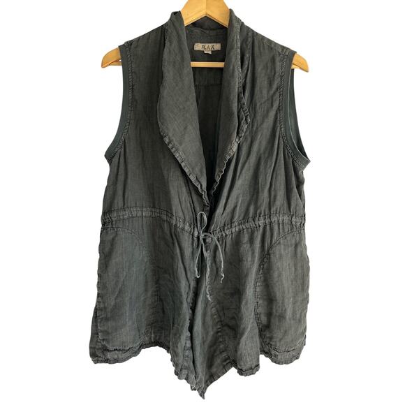 Flax Women’s Size Small 100% Linen Lagenlook Collared Drawstring Vest‎ Coal - Picture 1 of 6